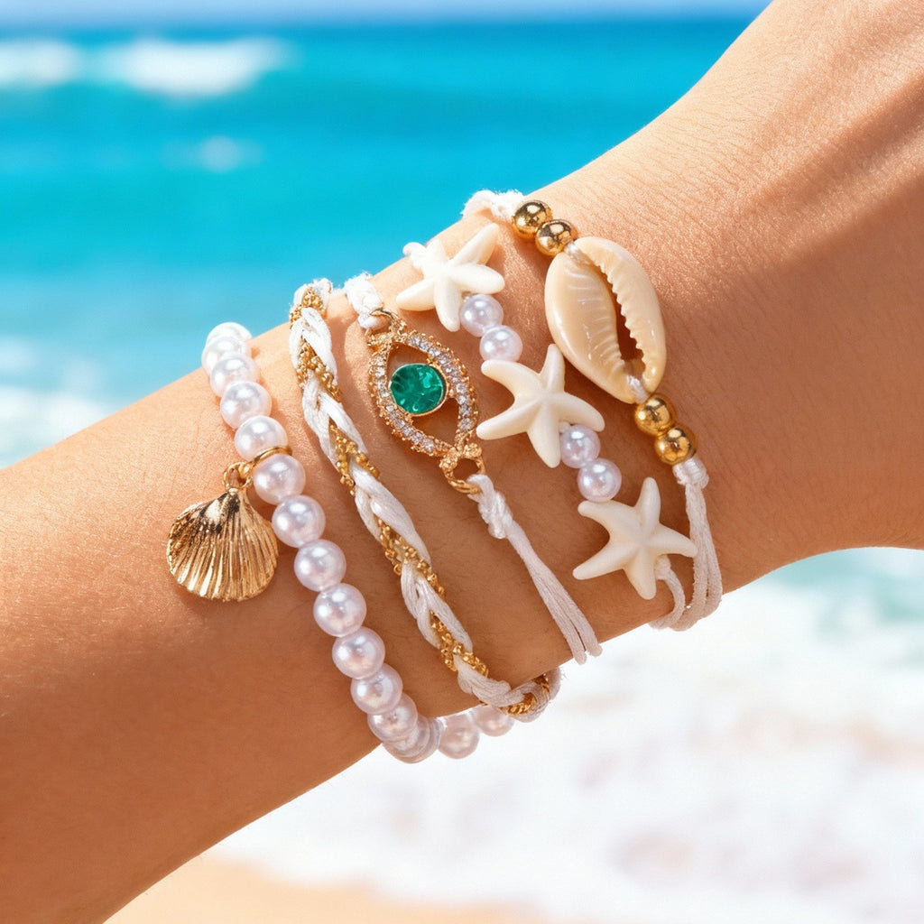 White Cowrie Shell & Emerald Crystal Gold Pearl Beads Bracelet Bulk