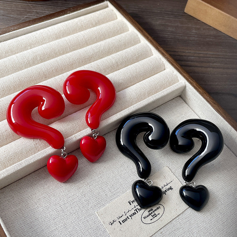 Question Mark Heart Enamel 18K Gold Red Black Anti Tarnish Dangler Drop Earring For Women