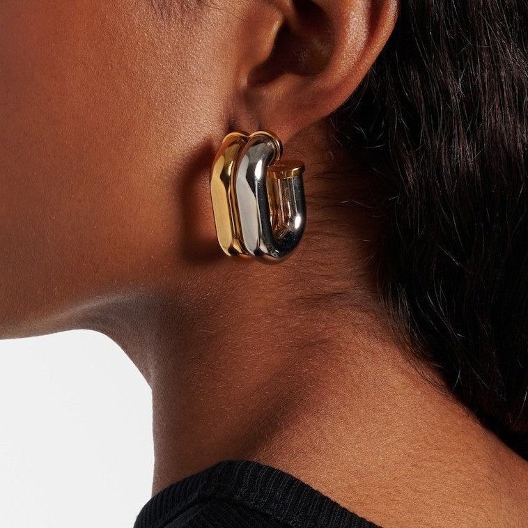Chunky U-Shape Dual Tone Gold Silver Stainless Steel Hoop Earrings Bulk Main image