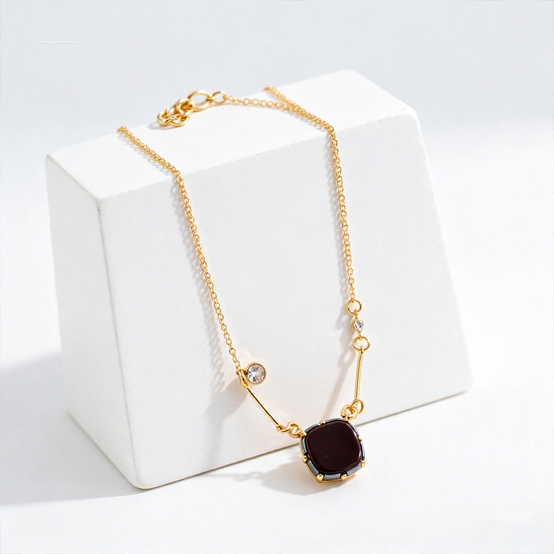 Double Layer Pink Brown Gemstone Geometric Gold Rhinestone Necklace Bulk