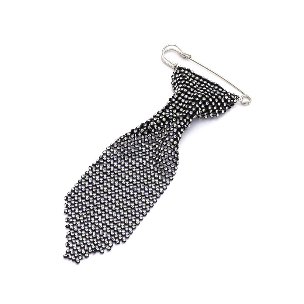 Designer Black Rhinestone Crystal Silver Plated Tie Shape Brooch Bulk