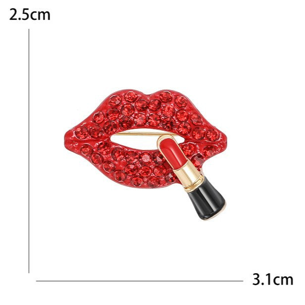 Red Lips & Lipstick Gold Plated Rhinestone Brooch For Women Bulk