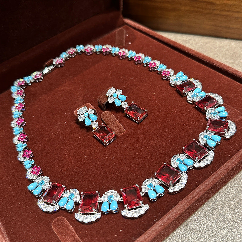 Square CZ Crystal Ruby Red Blue Silver Necklace Earring Set Bulk