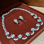 Square CZ Crystal Ruby Red Blue Silver Necklace Earring Set Bulk