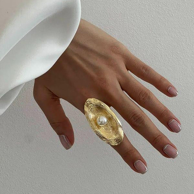Oval Beaten Finish Pearl 18K Gold Plated Free Size Ring For Women