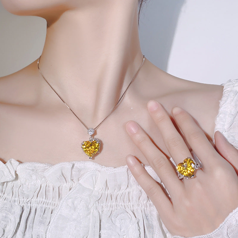 Heart Silver Yellow Pink CZ Anti Tarnish Pendant Chain Ring Set Bulk