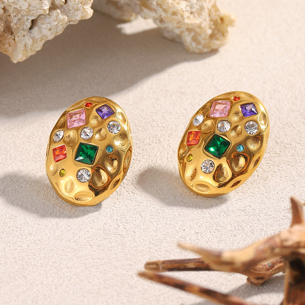 Oval 18K Gold Stainless Steel Cubic Zirconia Stud Earring Women Bulk