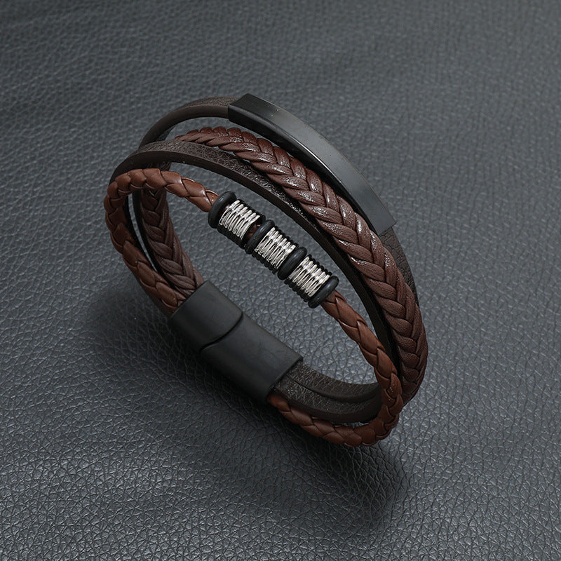 Rope Ring Black Brown Stainless Steel Multi Layer Wrist Band Id Leather Bracelet For Men