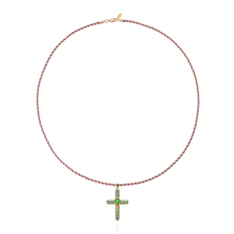 Cross Rosary Prayer Crystal Enamel 18K Gold Thread Anti Tarnish Necklace Pendant For Women