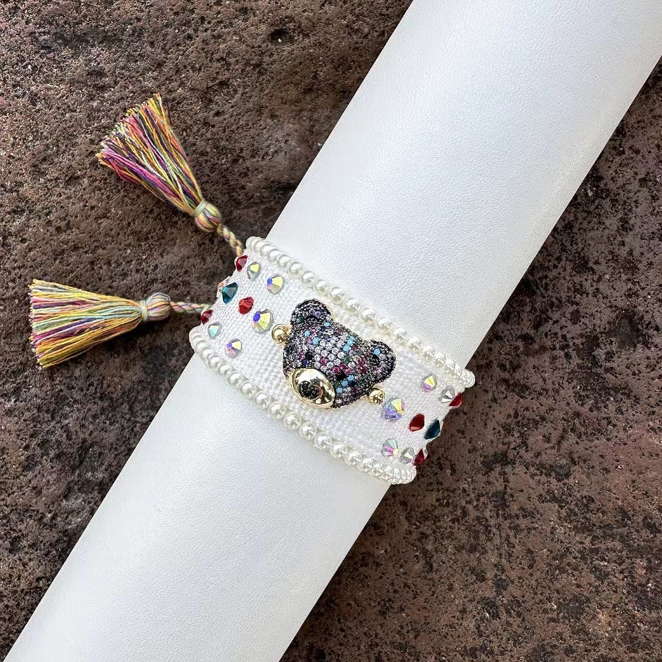 Teddy Bear Face Crystal Fabric Writ Band Threads Bracelet Bulk