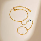 Bulk White Evil Eye Hand Chain Gold Beads Stainless Steel Ring-Bracelet