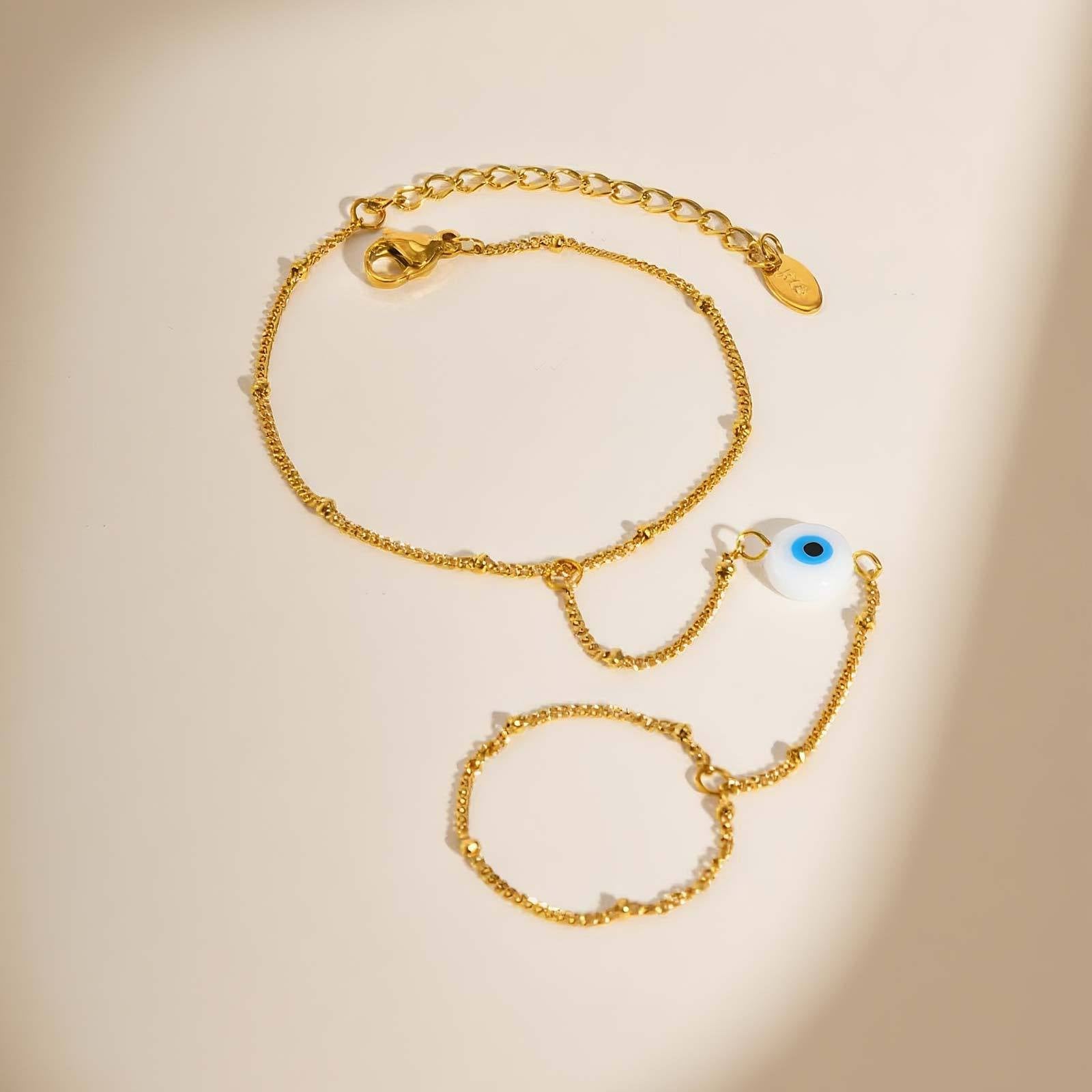 Bulk White Evil Eye Hand Chain Gold Beads Stainless Steel Ring-Bracelet