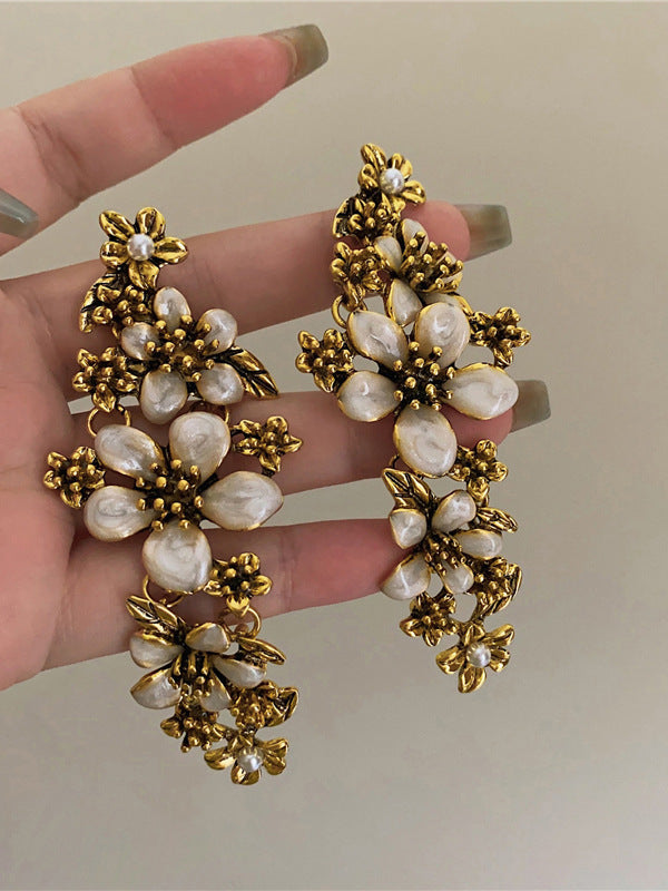 Floral Crystal White Antique Gold Statement Dangler Earring Women Bulk