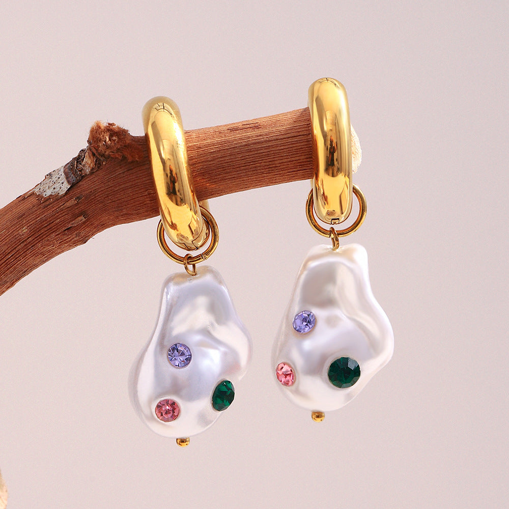 Pearl Multi Gemstone 18K Gold White Stainless Steel Anti Tarnish Hoop Dangler Earring For Women Main image