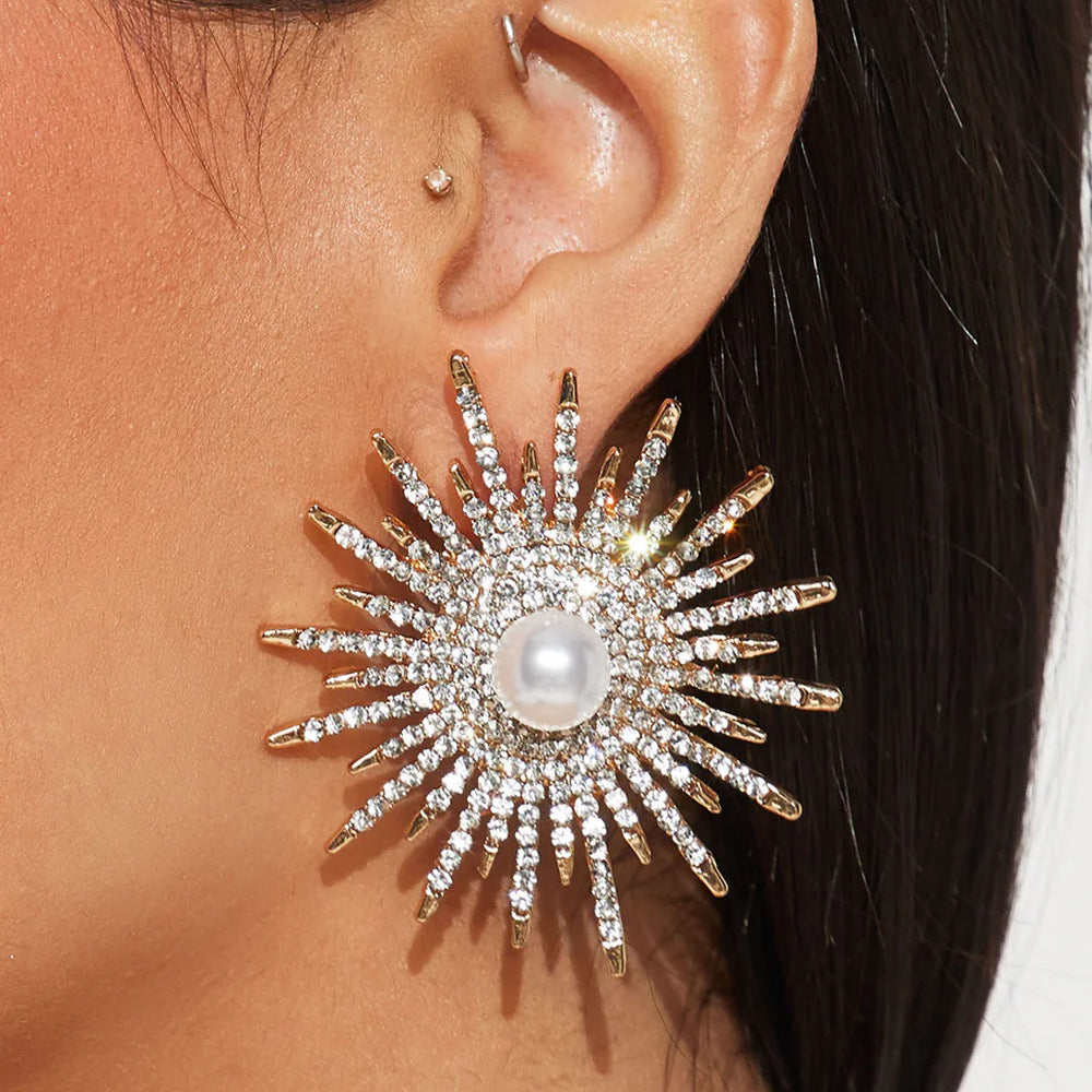 Gold Sunburst Gold CZ Pearl Anti Tarnish Copper Stud Earrings Bulk