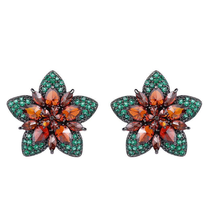Floral Star Flower Black Green Pink Cubic Zirconia Crystal Anti Tarnish Stud Earring For Women