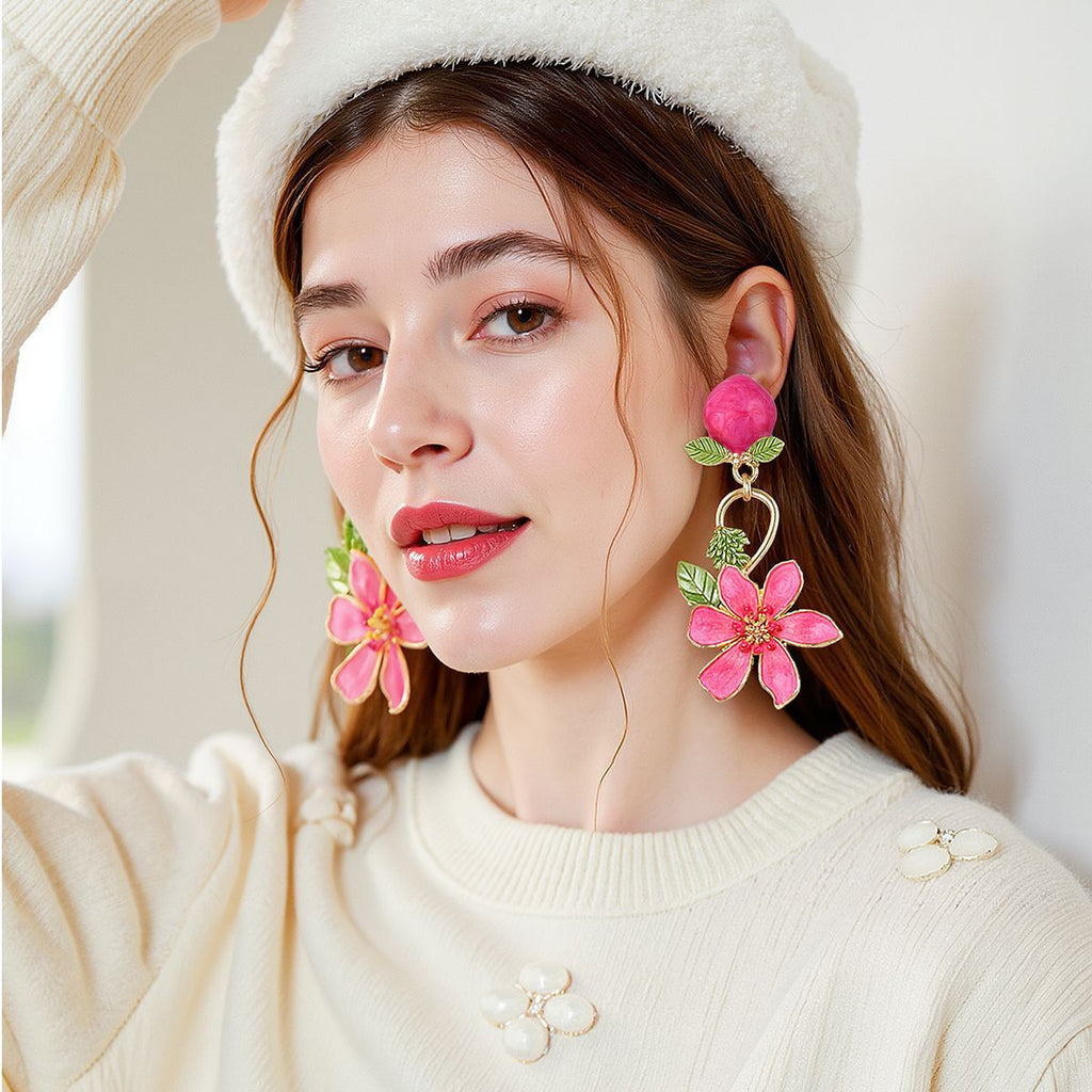 Orange Pink Flower Gold Plated Enamel Dangler Earrings For Women Bulk