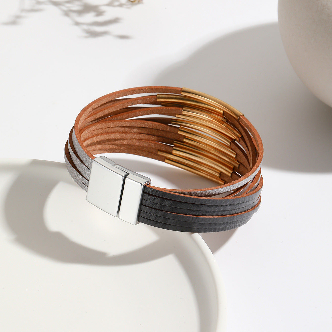 Black Grey 18K Gold Leather Multi-Layer Wrist Band Bracelet Women Bulk Secondary image