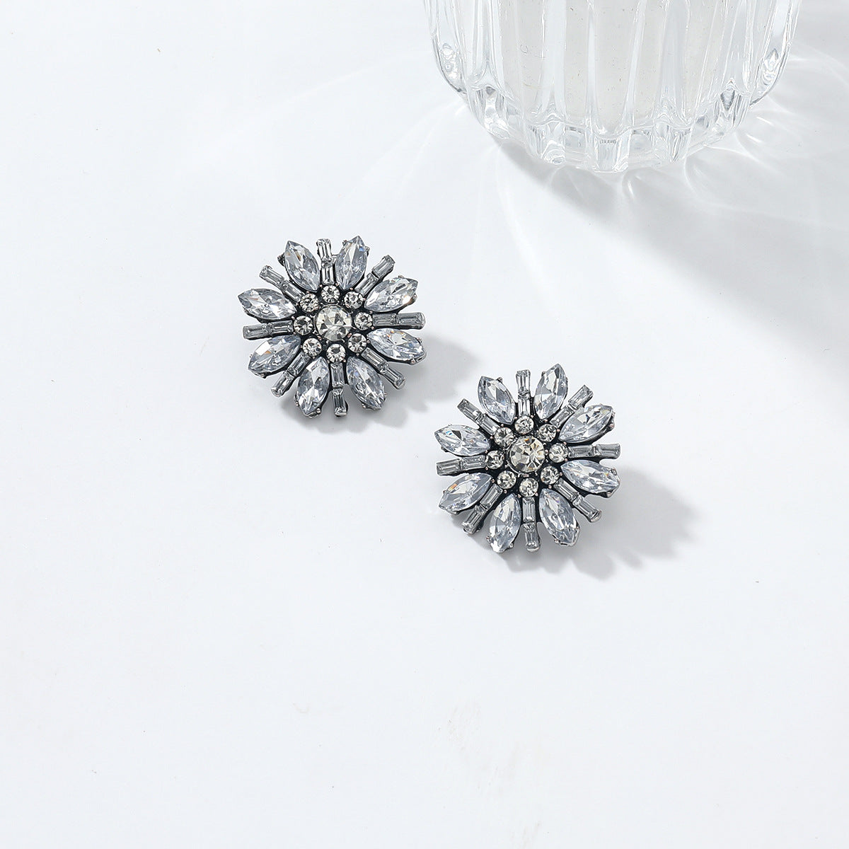 White Designer Floral Cluster Black Rhinestone Alloy Stud Earrings Bulk