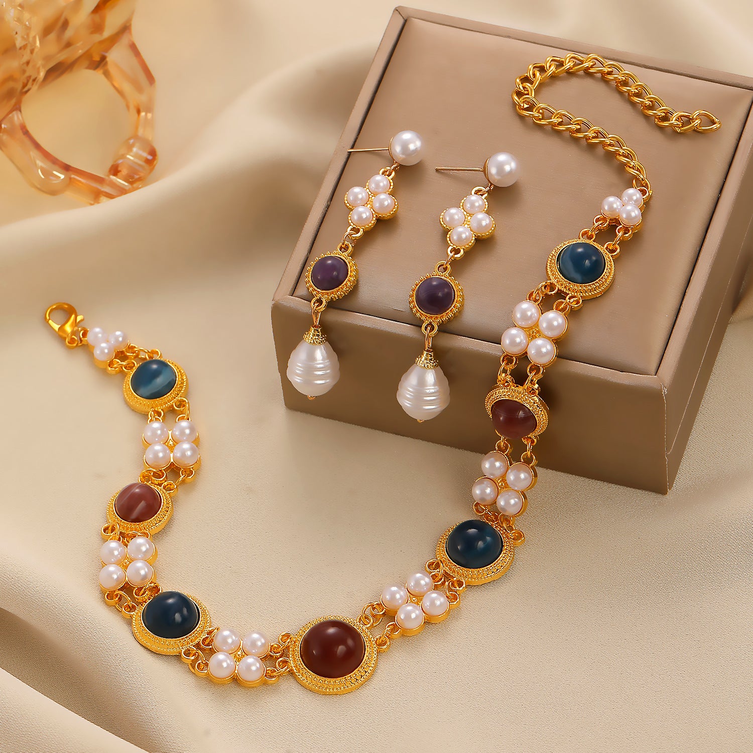 Designer Party Wear Gold Pearl Beads Necklace Earring Set Wholesale
