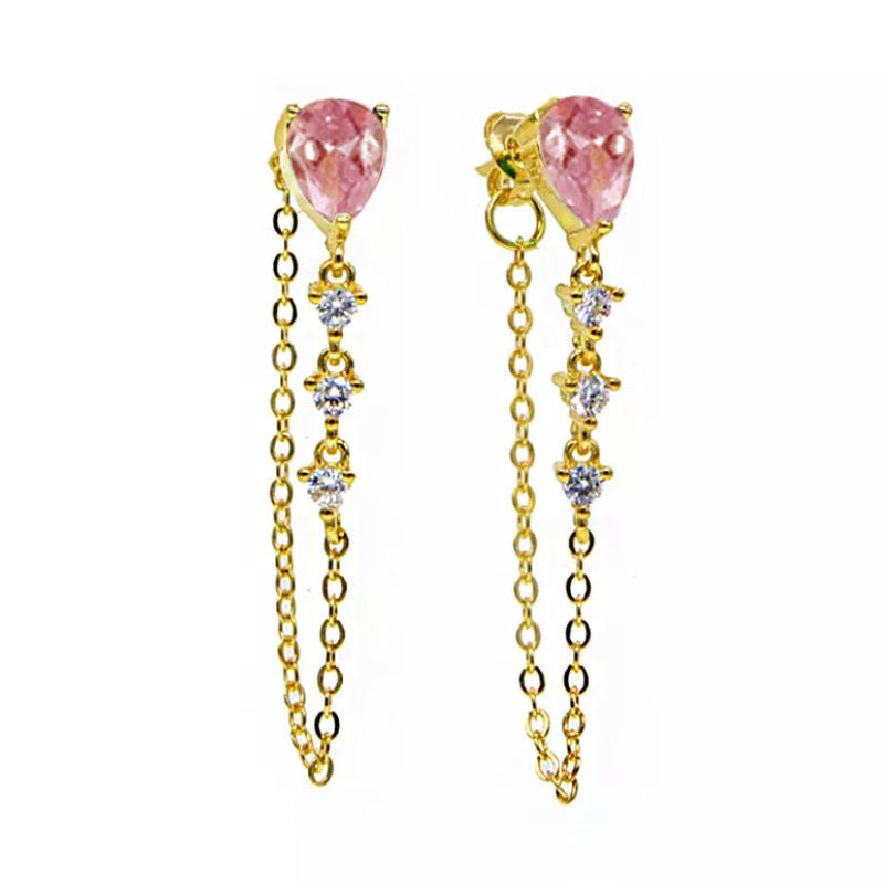 Drop Solitaire Gold CZ Anti Tarnish Dangler Tassel Chain Earring Bulk Secondary image