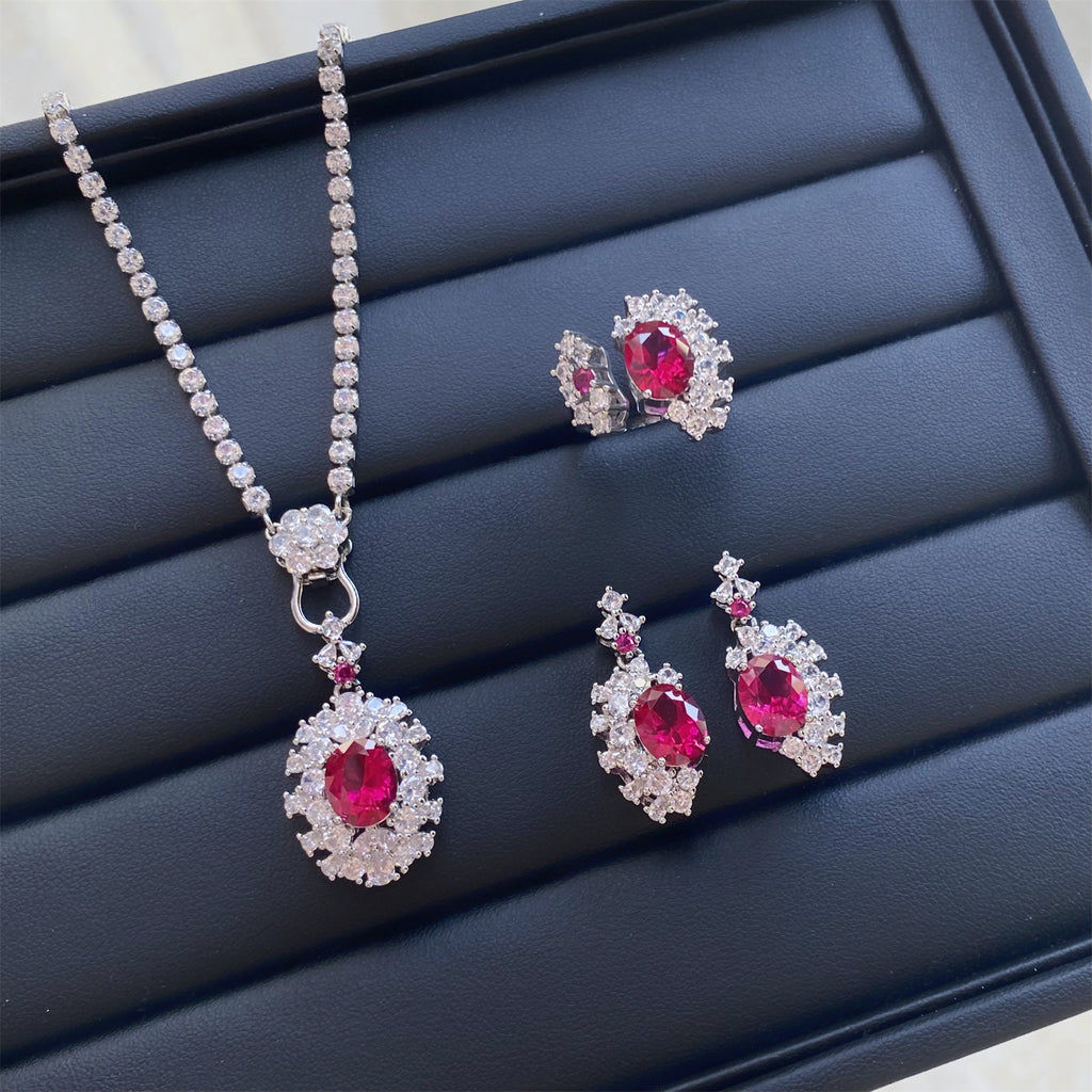Oval Ruby Red Stone Silver Plated CZ Copper Necklace Combo Set Bulk