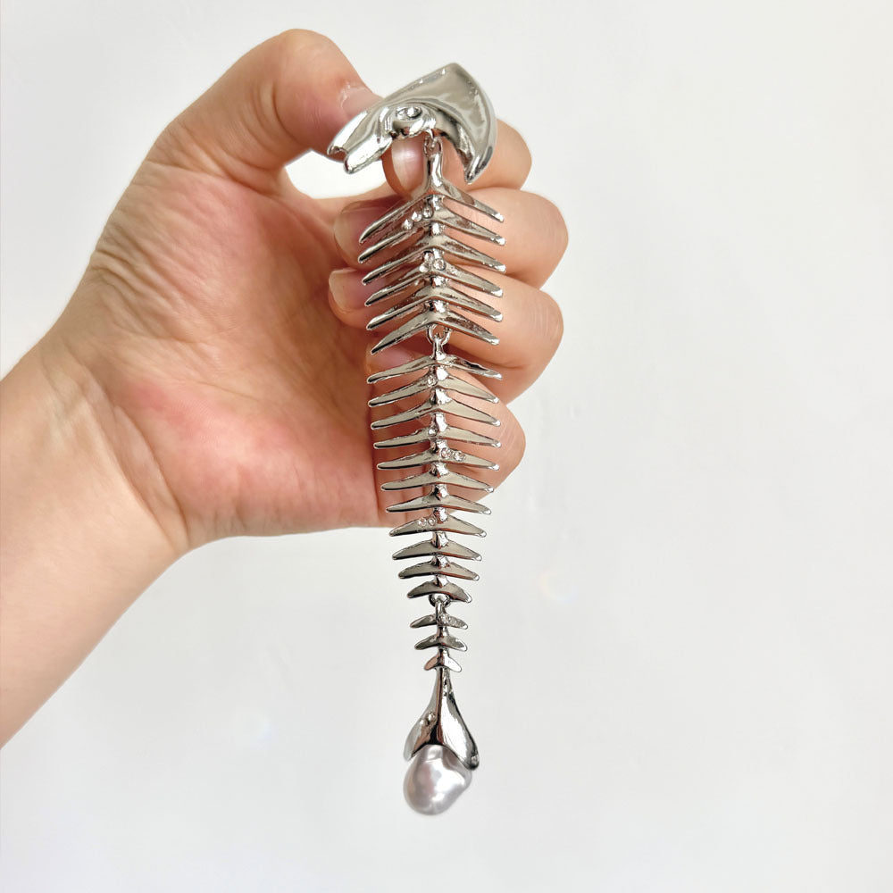 Designer Fish Skeleton Gold Silver Plated Pearl Brooch For Women Bulk
