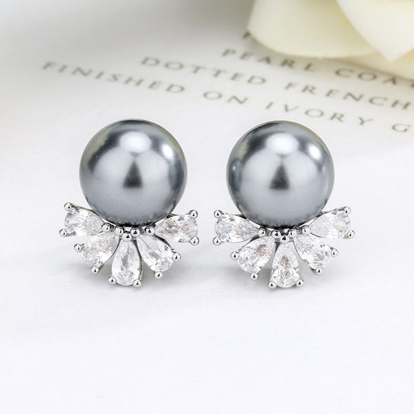 Elegant Fan Design Silver Gray Black Pearl CZ Copper Stud Earrings Bulk Secondary image