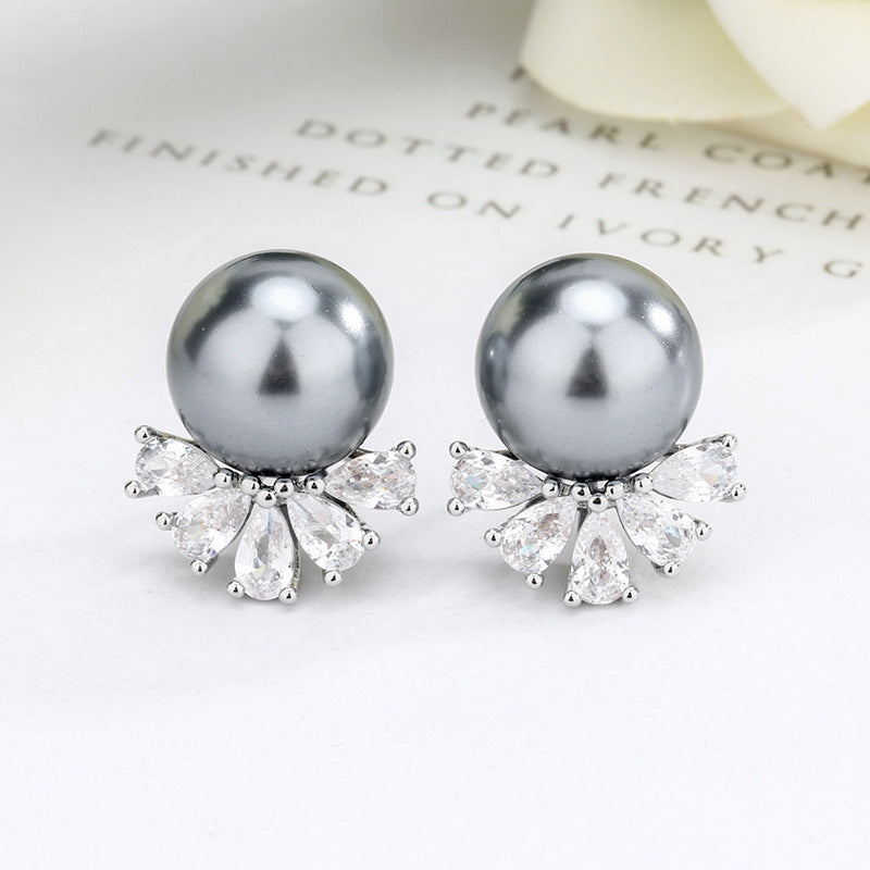 Elegant Fan Design Silver Gray Black Pearl CZ Copper Stud Earrings Bulk