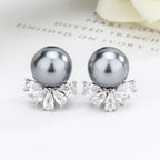 Elegant Fan Design Silver Gray Black Pearl CZ Copper Stud Earrings Bulk