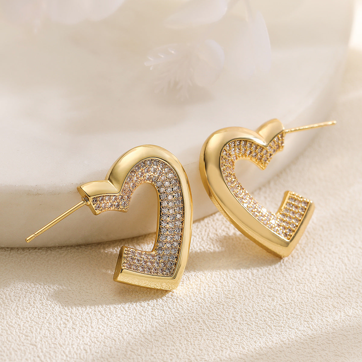 Designer Heart Gold Plated CZ Anti Tarnish Copper Stud Earrings Bulk