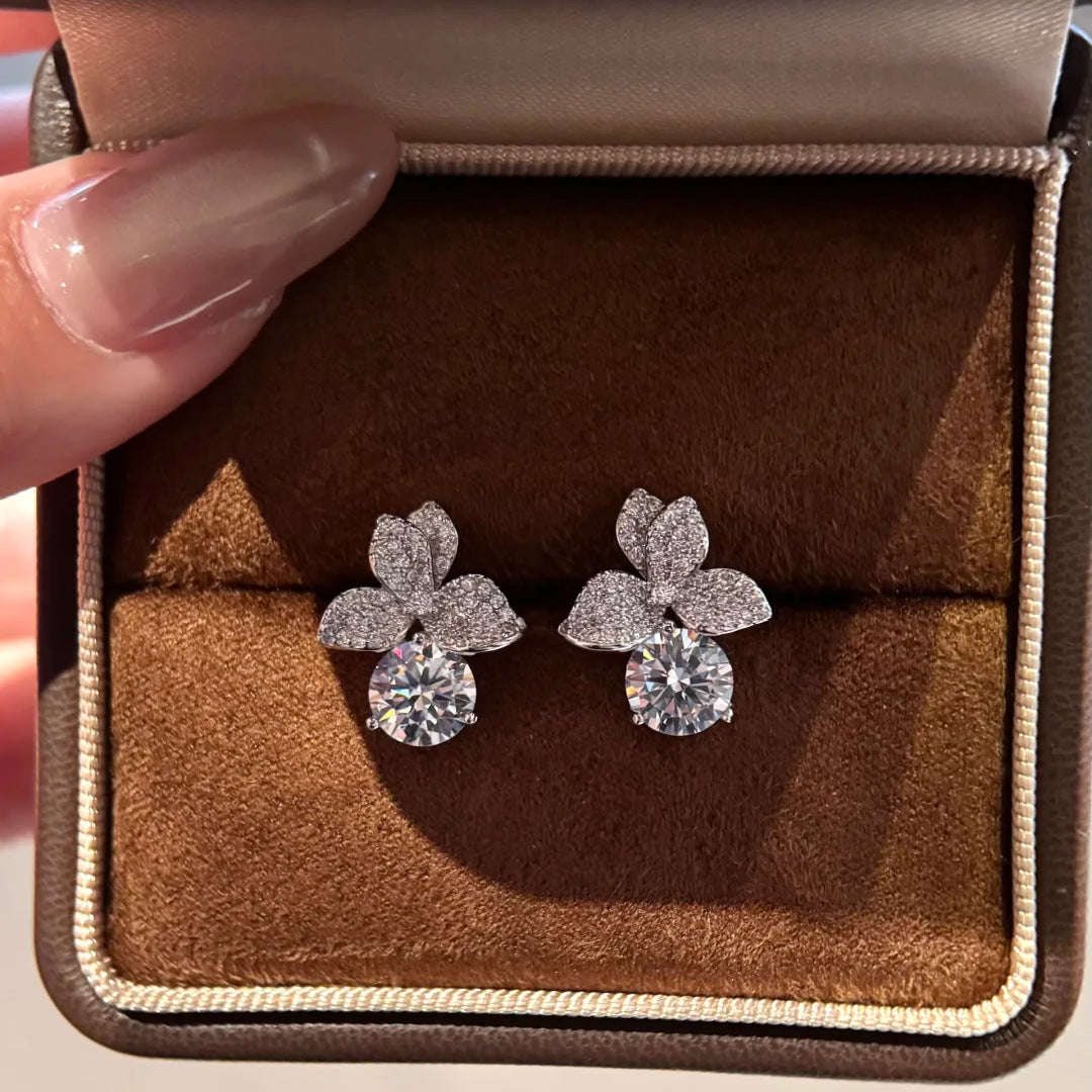 Luxury Petal Design Silver CZ Anti Tarnish Copper Stud Earrings Bulk