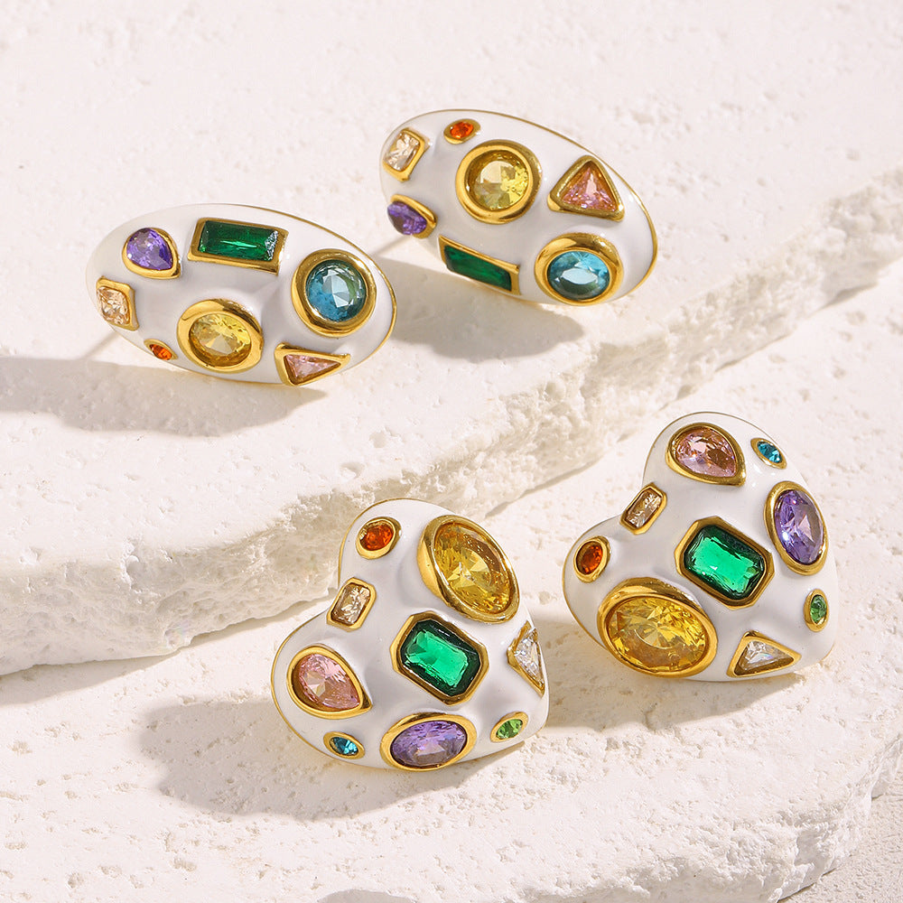 Heart Oval 18K Gold CZ Enamel Stainless Steel Stud Earring Pair Bulk