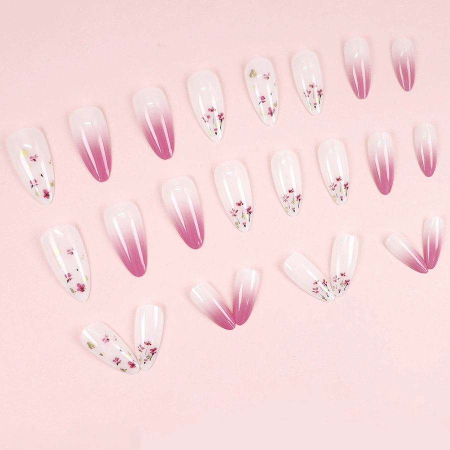 Luxury Pink Floral Gradient Almond Press-On Nails Pack Of 10 Bulk