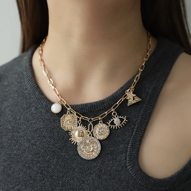 Coin Star Sun Moon Clouds Universe 18K Gold Anti Tarnish Necklace Earring Bracelet Set For Women