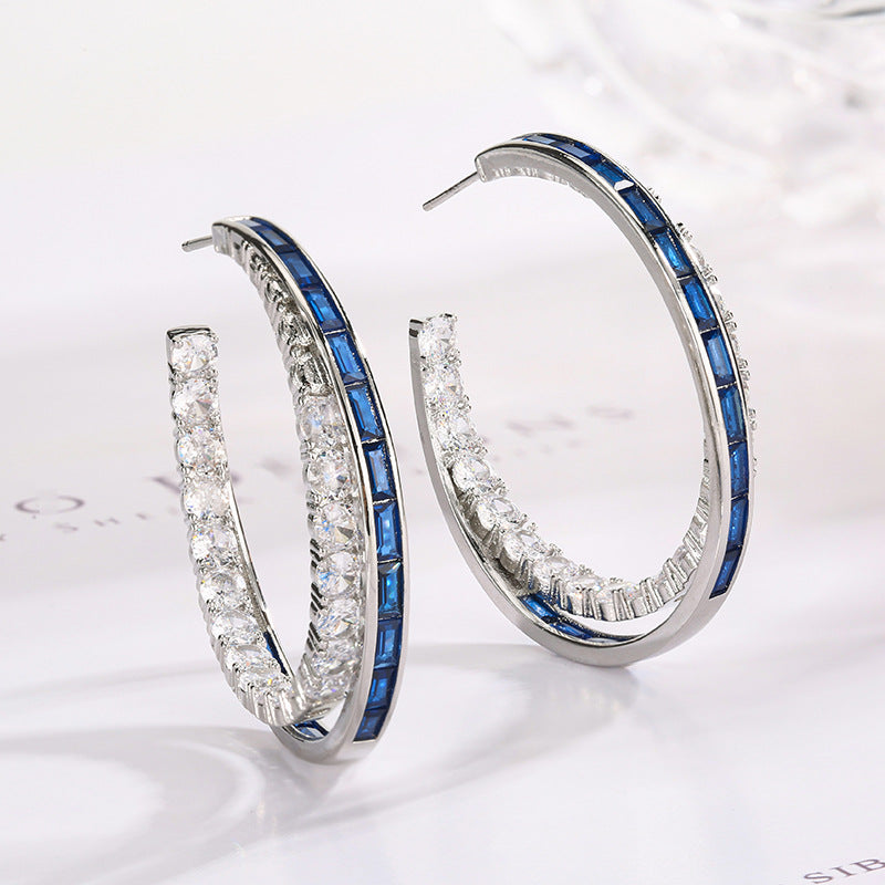 Baguette Blue Pink Silver CZ Anti Tarnish Hoop Earring Bulk