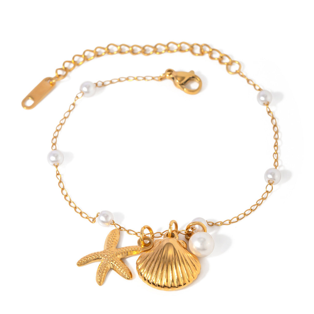 Shells Starfish Pearl 18K Gold Stainless Steel Anti Tarnish Link Chain Bracelet For Women
