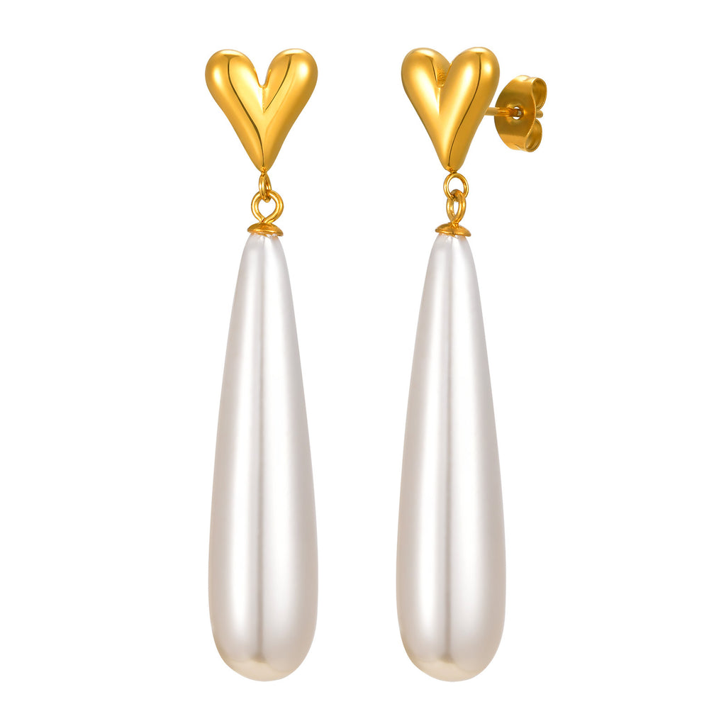Bulk Heart Gold Pearl Anti Tarnish Stainless Steel Dangler Earrings