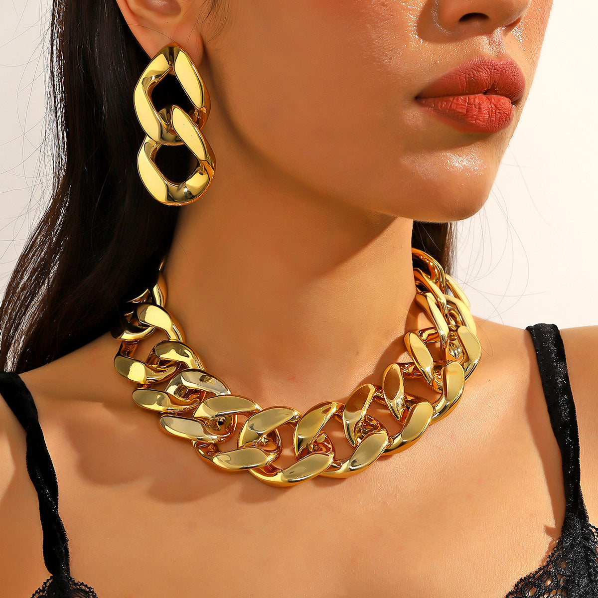 Hip Hop 18K Gold Silver Acrylic Curb Chain Necklace Earring Set Bulk Main image