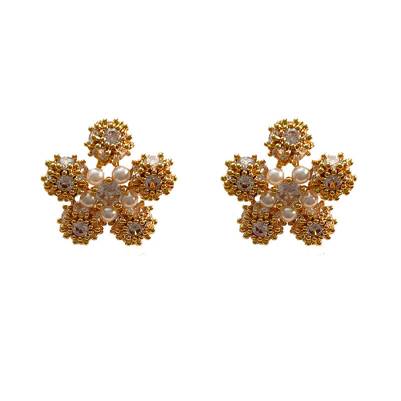 Flower Pearl 18K Gold Silver CZ Anti Tarnish Stud Earring Bulk