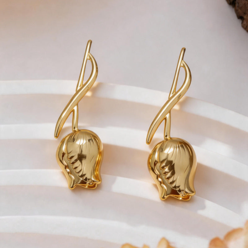 Gold Tulip Flower Dangler Earrings For Women Bulk