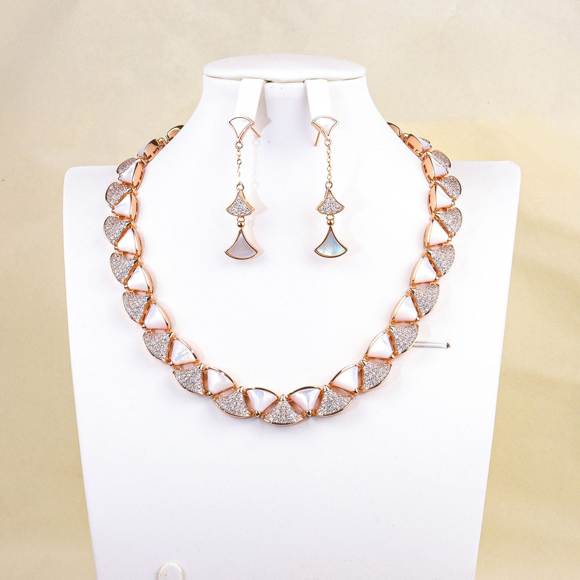 Modern White Shell Rose Gold Plated CZ Copper Necklace Earring Set Bulk Secondary image