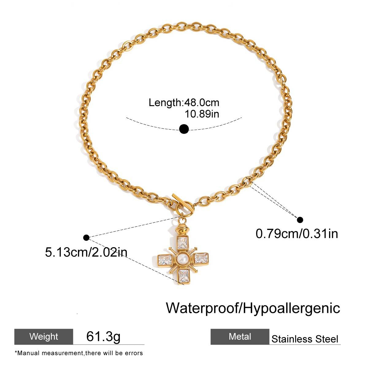 Cross Rectangle Solitaire 18K Gold Cubic Zirconia Pearl Anti Tarnish Stainless Steel Necklace Pendant Chain For Women