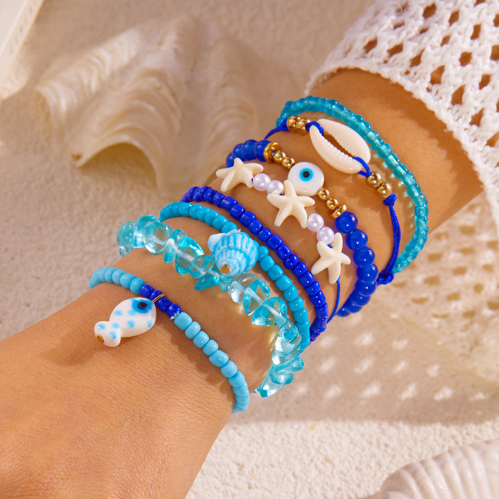 Blue Stone White Shell Starfish Evil Eye Gold Pearl Beads Bracelet Bulk