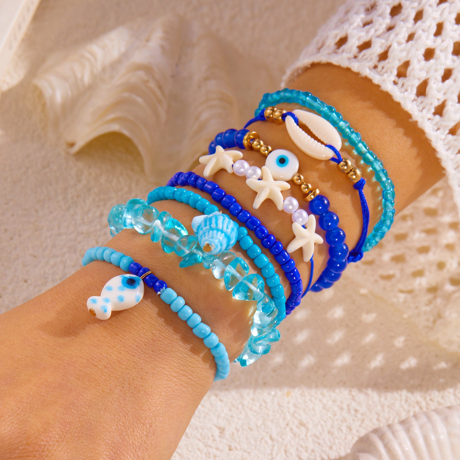 Blue Stone White Shell Starfish Evil Eye Gold Pearl Beads Bracelet Bulk