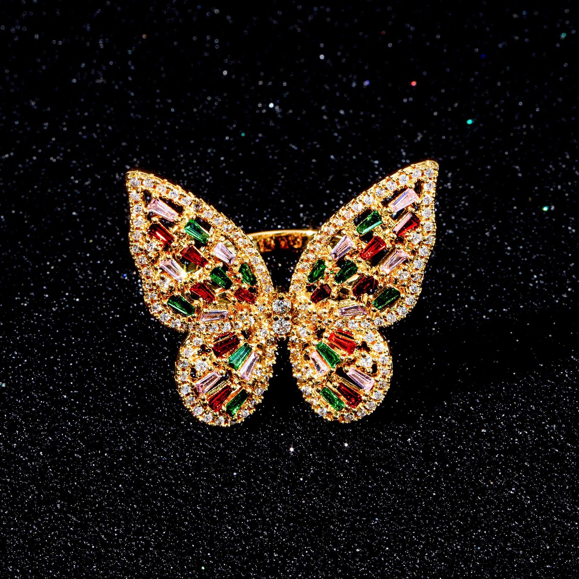 Rainbow Butterfly Gold Multi CZ Anti Tarnish Adjustable Ring Bulk Main image