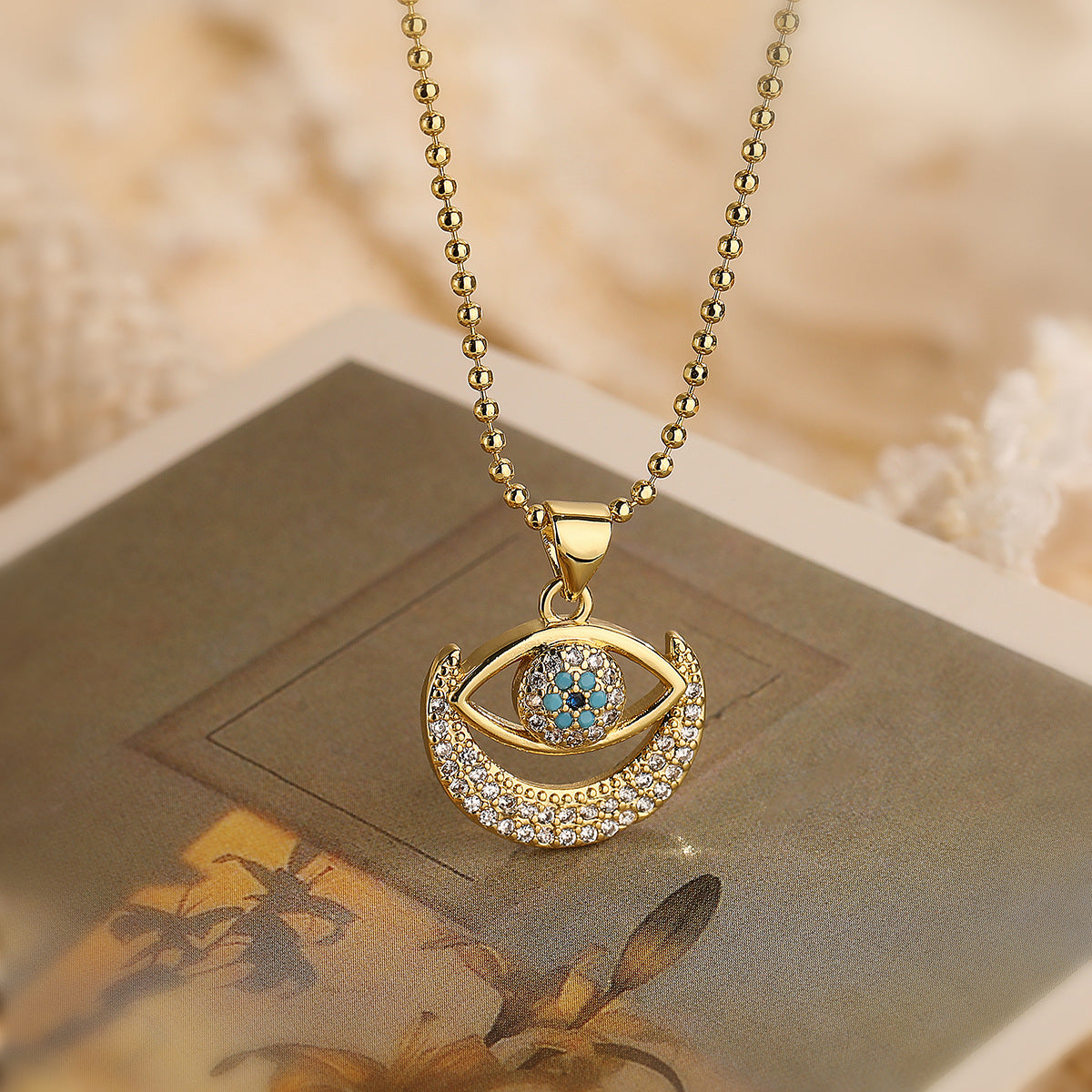 Moon Evil Eye 18K Gold CZ Anti Tarnish Pendant Chain Earring Set Bulk