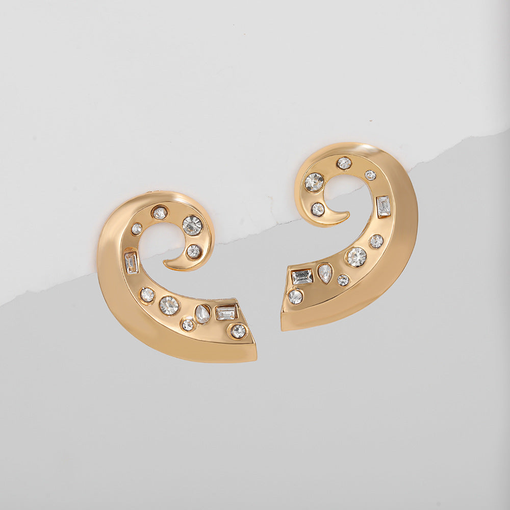 Elegant C-Curve Gold Plated CZ Stainless Steel Stud Earrings Wholesale