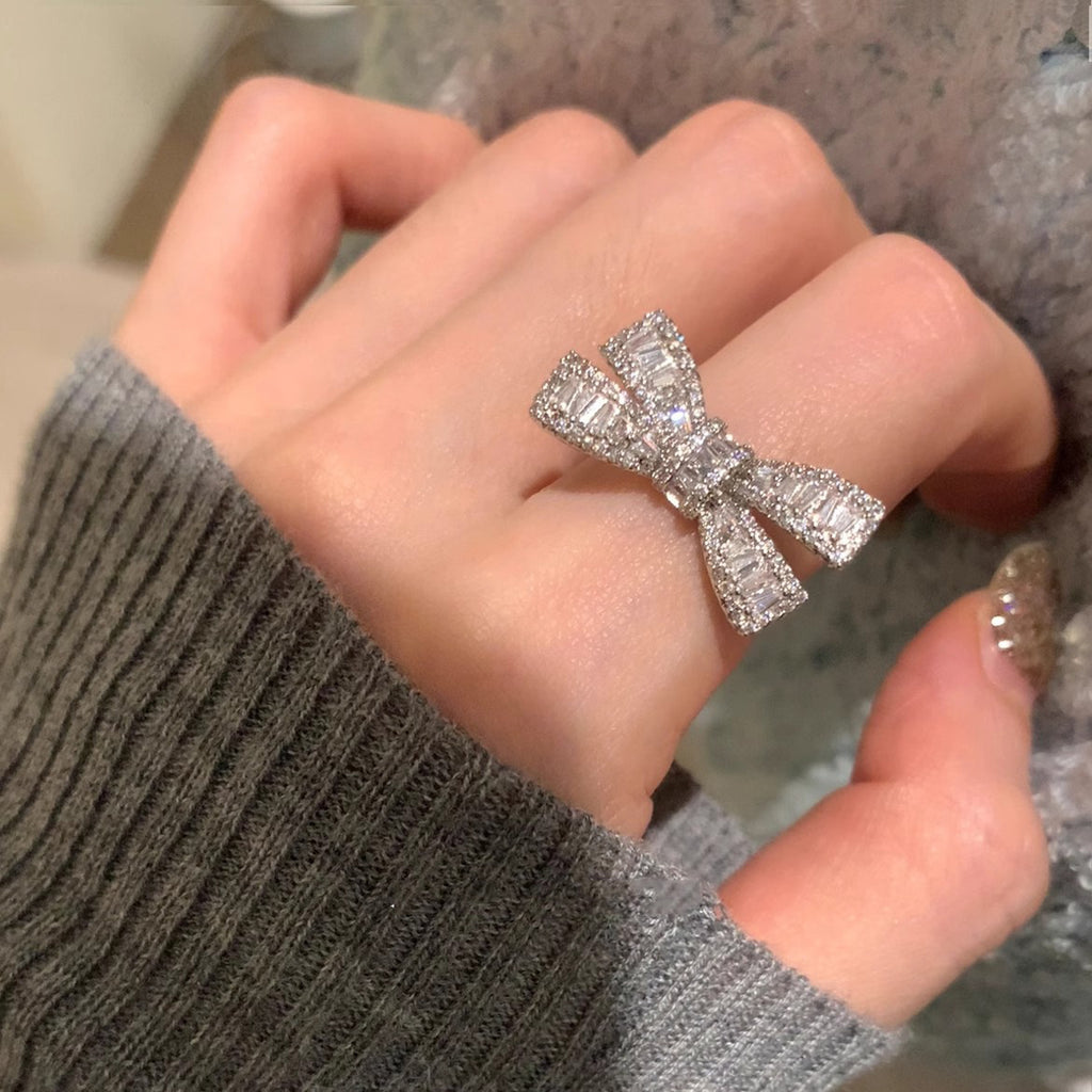Bow Baguette Cubic Zirconia Silver Anti Tarnish Adjustable Ring Bulk