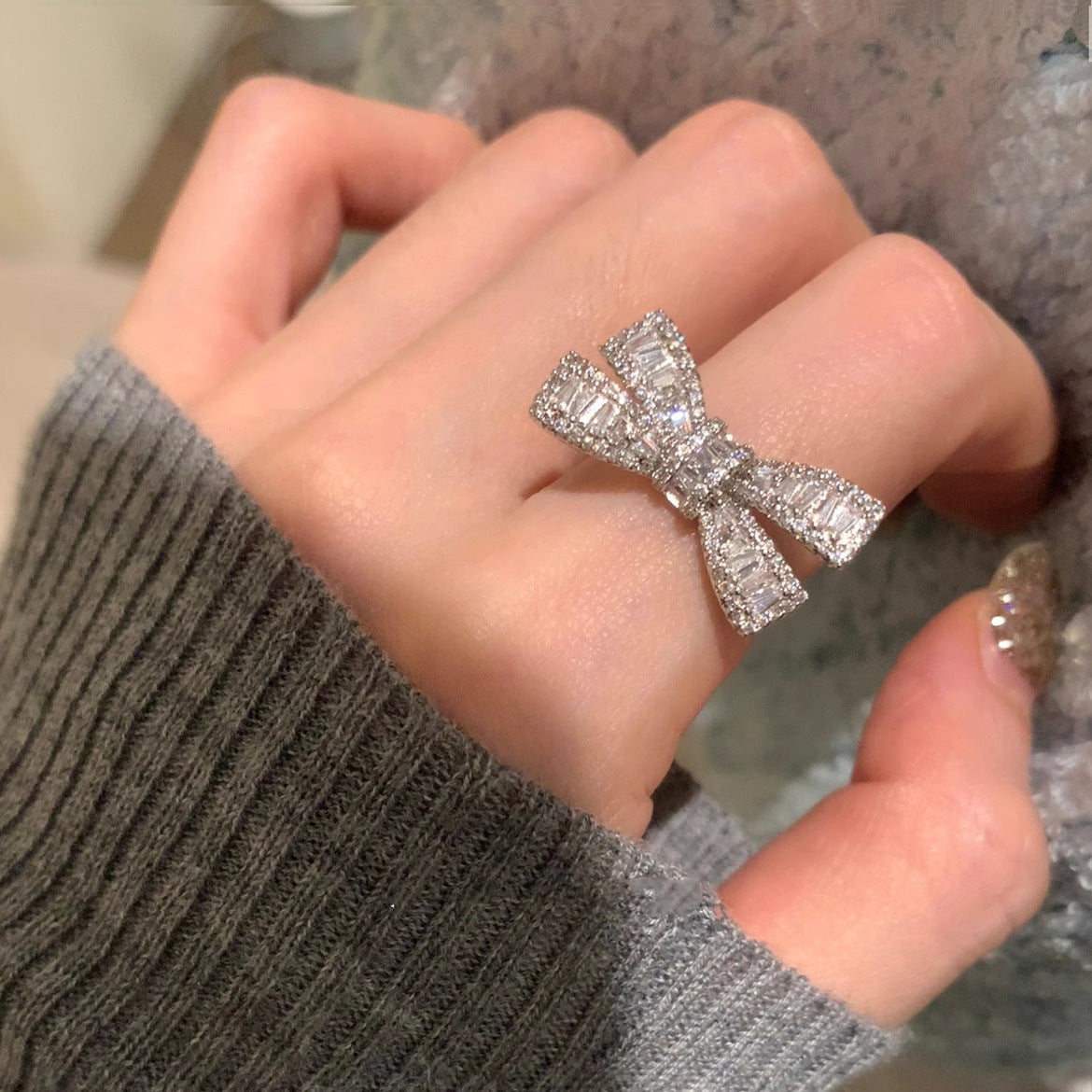 Bow Baguette Cubic Zirconia Silver Anti Tarnish Adjustable Ring Bulk